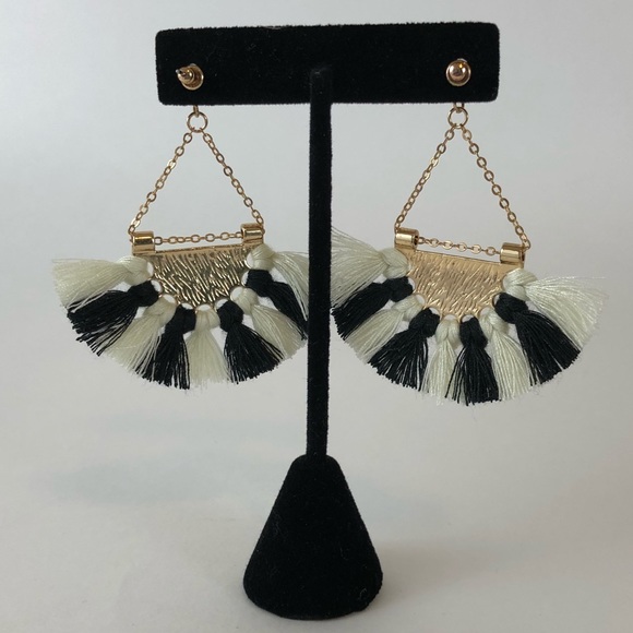 Black and White Gold Tassel Fringe Earrings - Picture 5 of 5